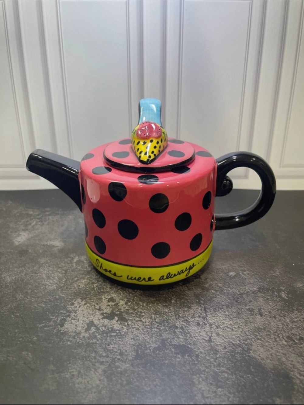 Colorful Pink Polka Dot Ceramic Teapot with Decorative Lid